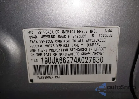 2004 Acura Tl Base W/Nav System (A5) из США, поврежденный, VIN 19UUA66274A027630
